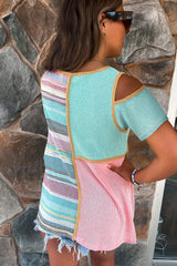 Stripe Color Block Cold Shoulder Knit Top