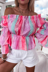 Stripe Print Frill Off Shoulder Bubble Sleeve Blouse