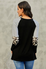 Striped And Leopard Color Block Sleeves Top