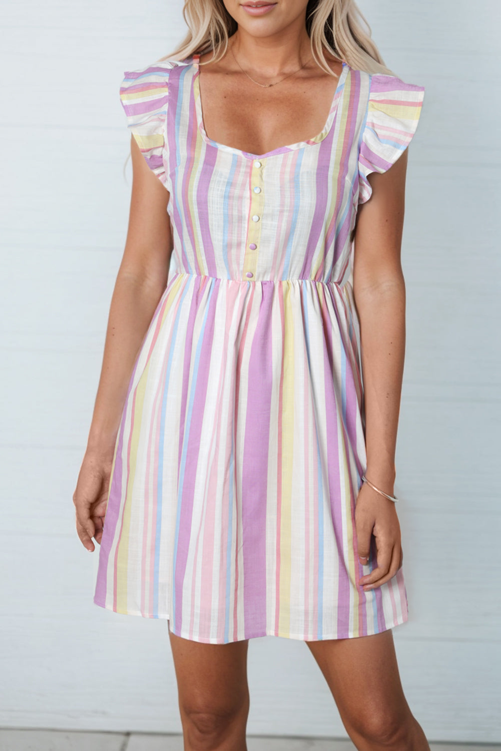 Striped Button Sweetheart Flutter Sleeve Dress