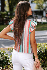 Striped Color Block Ruffled O-neck Sleeveless Top