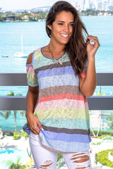 Striped Knit Cold Shoulder Lightweight Top