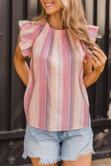 Striped Print Crew Neck Ruffle Blouse