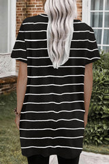 Striped Print Side Pockets Short Sleeve Tunic Top