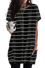 Striped Print Side Pockets Short Sleeve Tunic Top