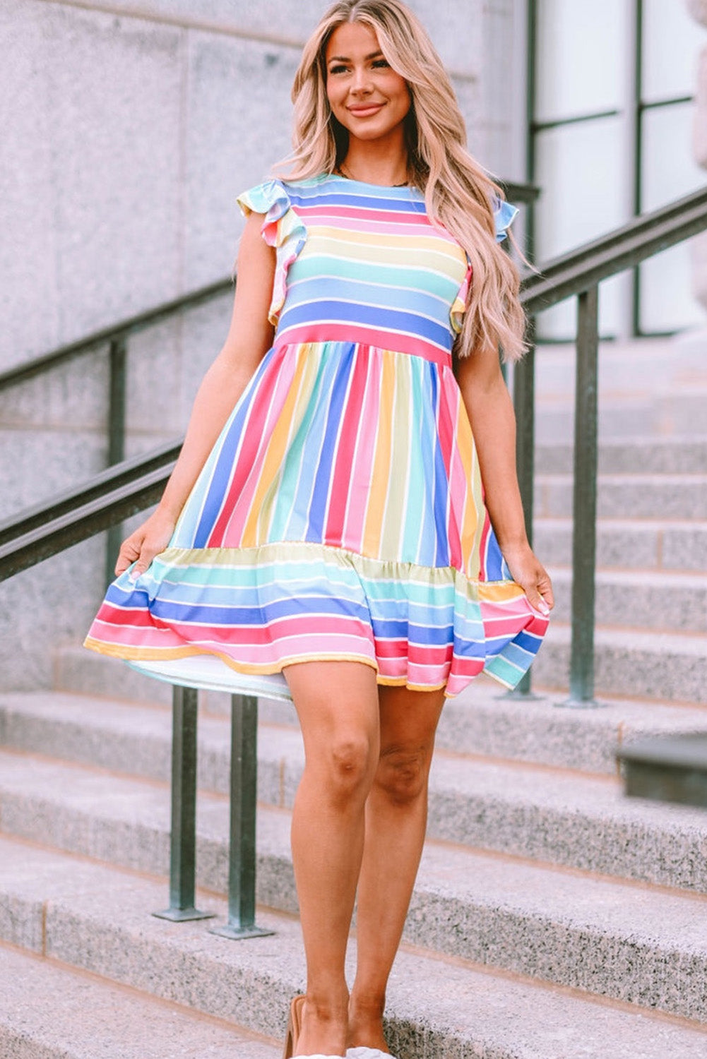Striped Ruffle Flared Babydoll Dress