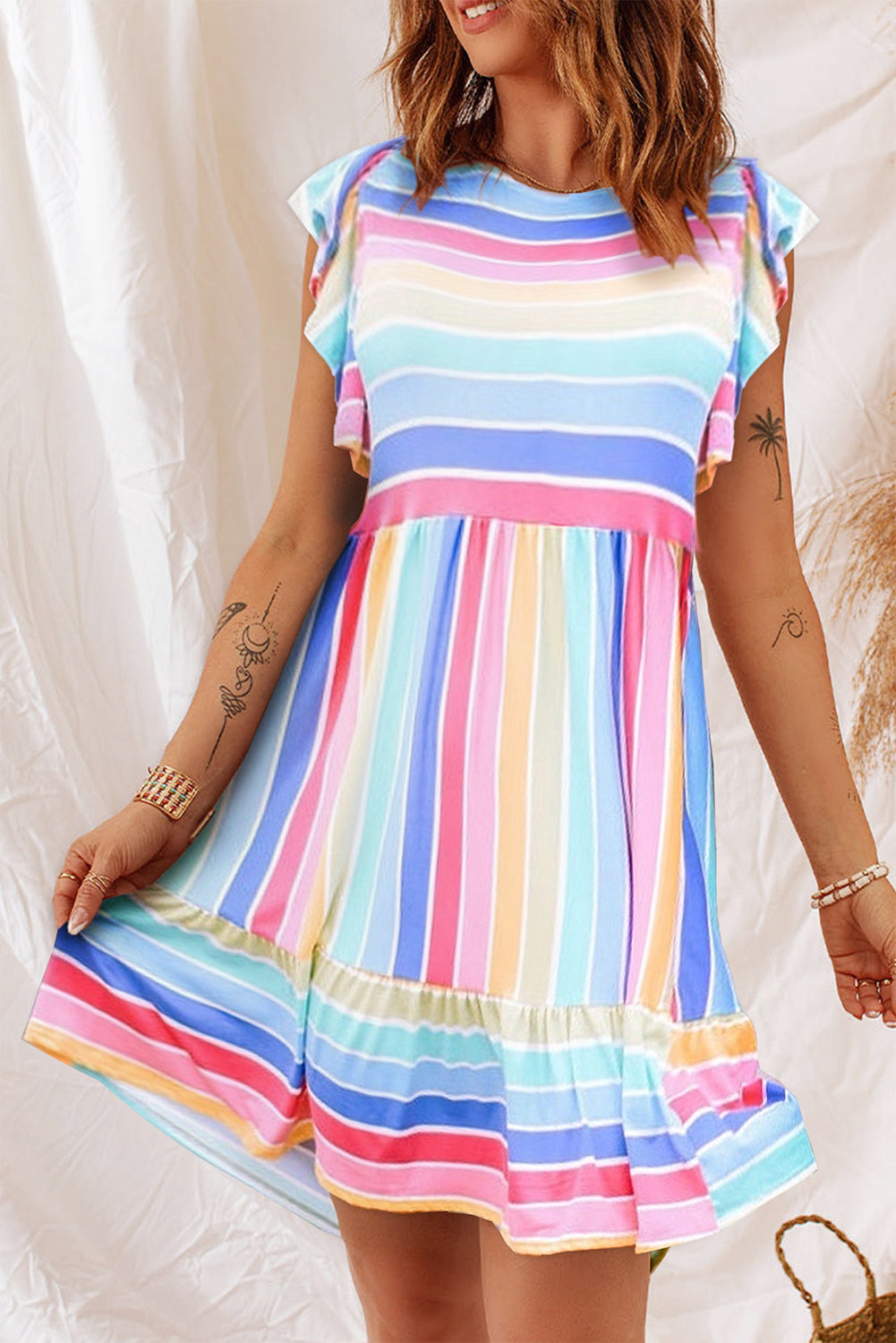 Striped Ruffle Flared Babydoll Dress