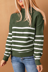 Striped Turtleneck Long Sleeve Sweater With Buttons