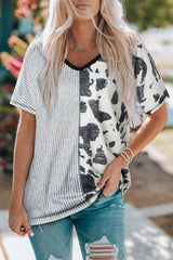 Stripes & Cow Print Contrast V Neck Tee