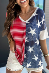 Stripes Stars Print Knit Short Sleeves Top