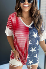 Stripes Stars Print Knit Short Sleeves Top