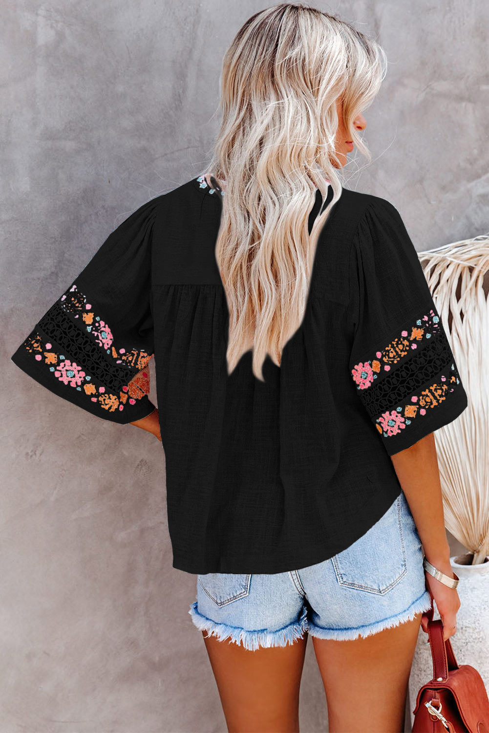 Tassel Drawstring Embroidered Half Sleeve V Neck Top