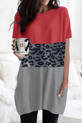 Triple Colorblock Splicing Short Sleeve Mini Dress With Pockets
