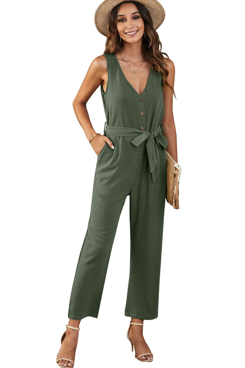 V Neck Button Belted Jumpsuit With Pockets