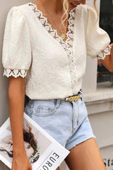 White Lace Jacquard Short Sleeve V Neck Casual Shirt