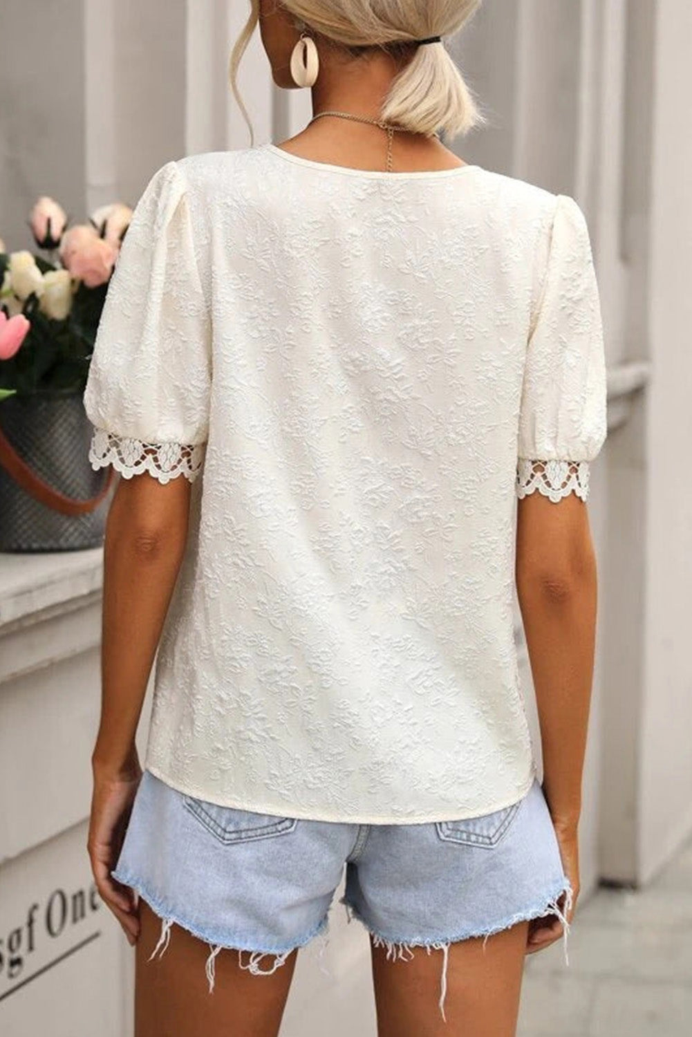 White Lace Jacquard Short Sleeve V Neck Casual Shirt