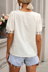 White Lace Jacquard Short Sleeve V Neck Casual Shirt