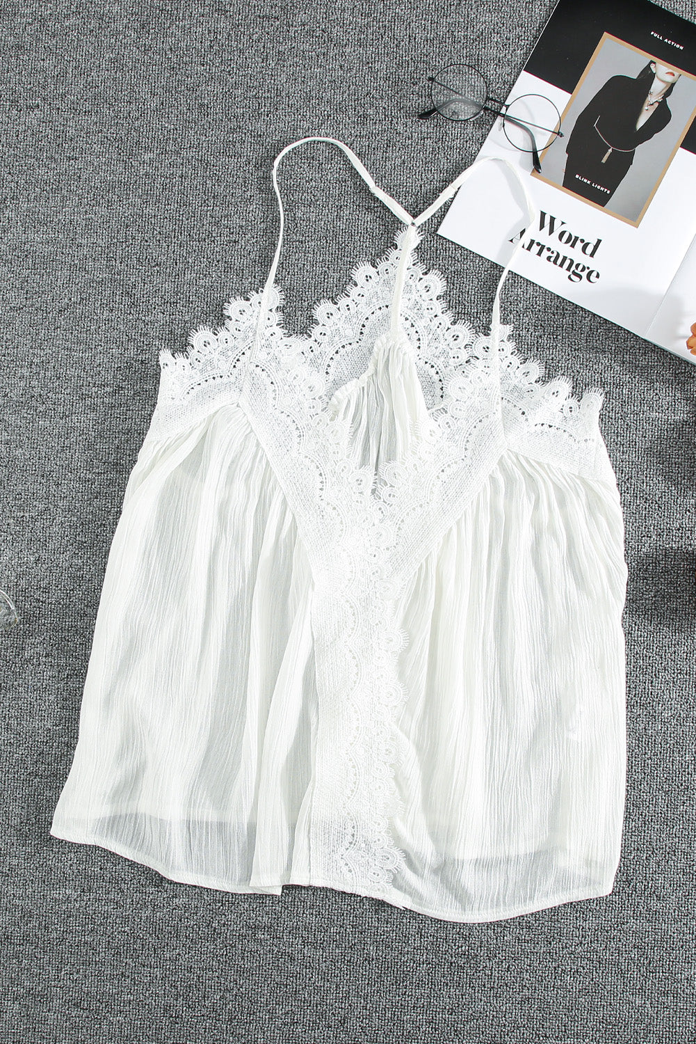 White Lace Splicing Ruffled V Neck Cami Top