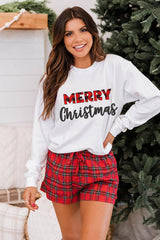White Merry Christmas Plaid Print Pullover Sweatshirt