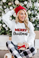 White Merry Christmas Plaid Print Pullover Sweatshirt