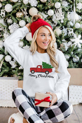 White Merry Christmas Truck Pattern Embroidered Pullover Sweatshirt