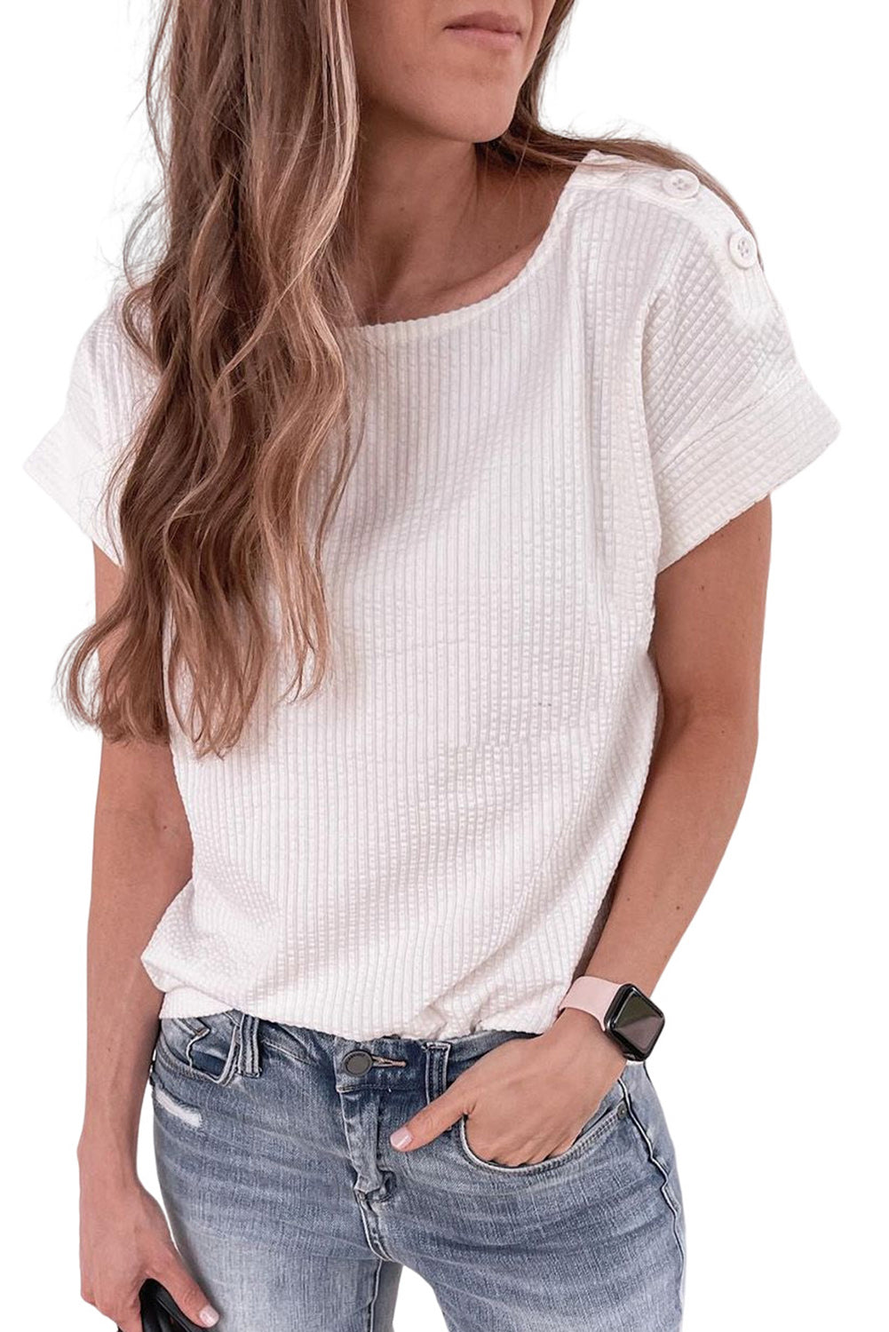 White Ribbed Texture Buttoned Shoulder Top