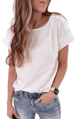 White Ribbed Texture Buttoned Shoulder Top