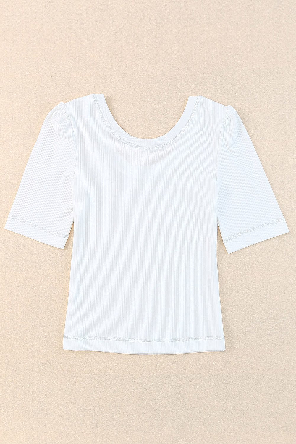 White Round Neck Half Sleeve Ribbed Knit Top