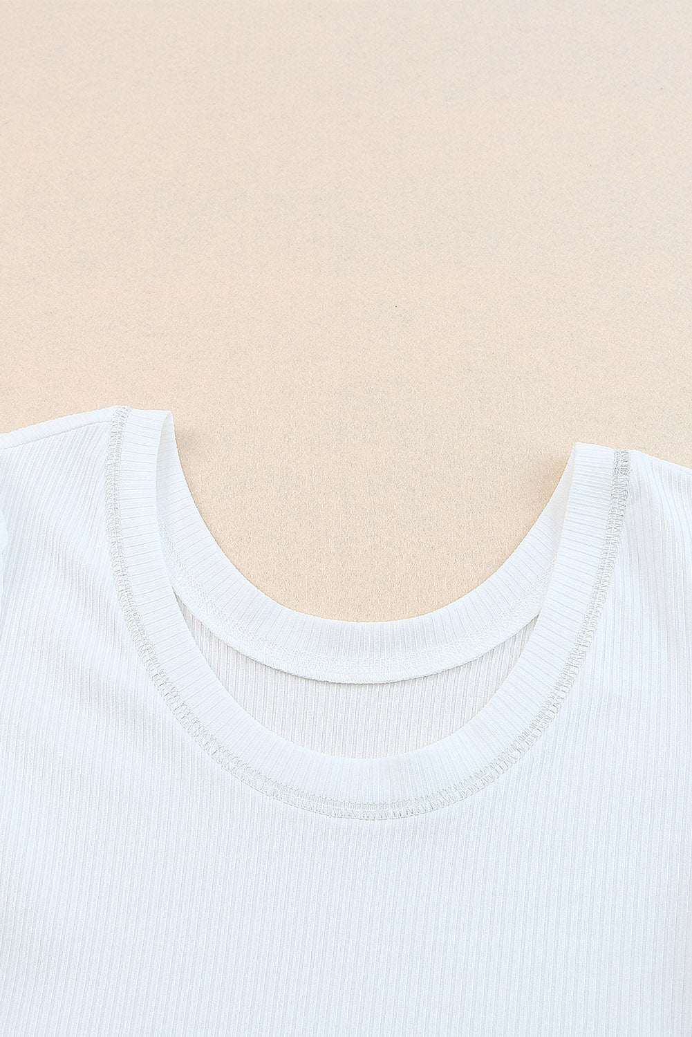 White Round Neck Half Sleeve Ribbed Knit Top