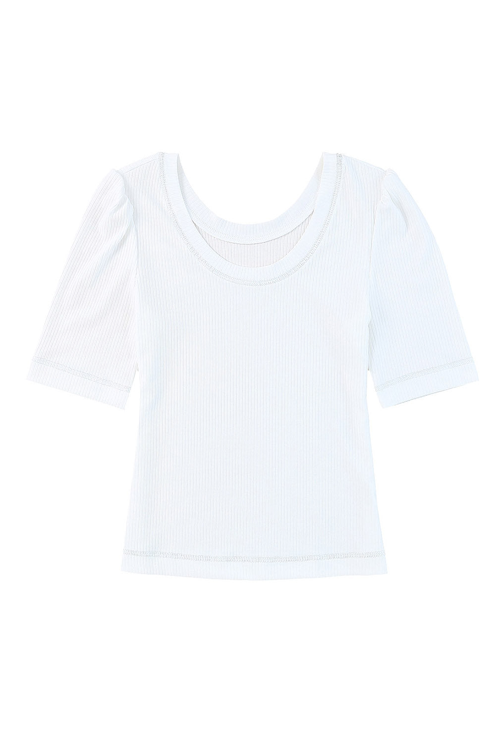 White Round Neck Half Sleeve Ribbed Knit Top