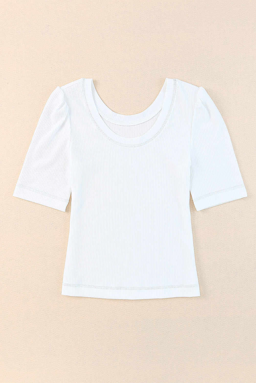 White Round Neck Half Sleeve Ribbed Knit Top