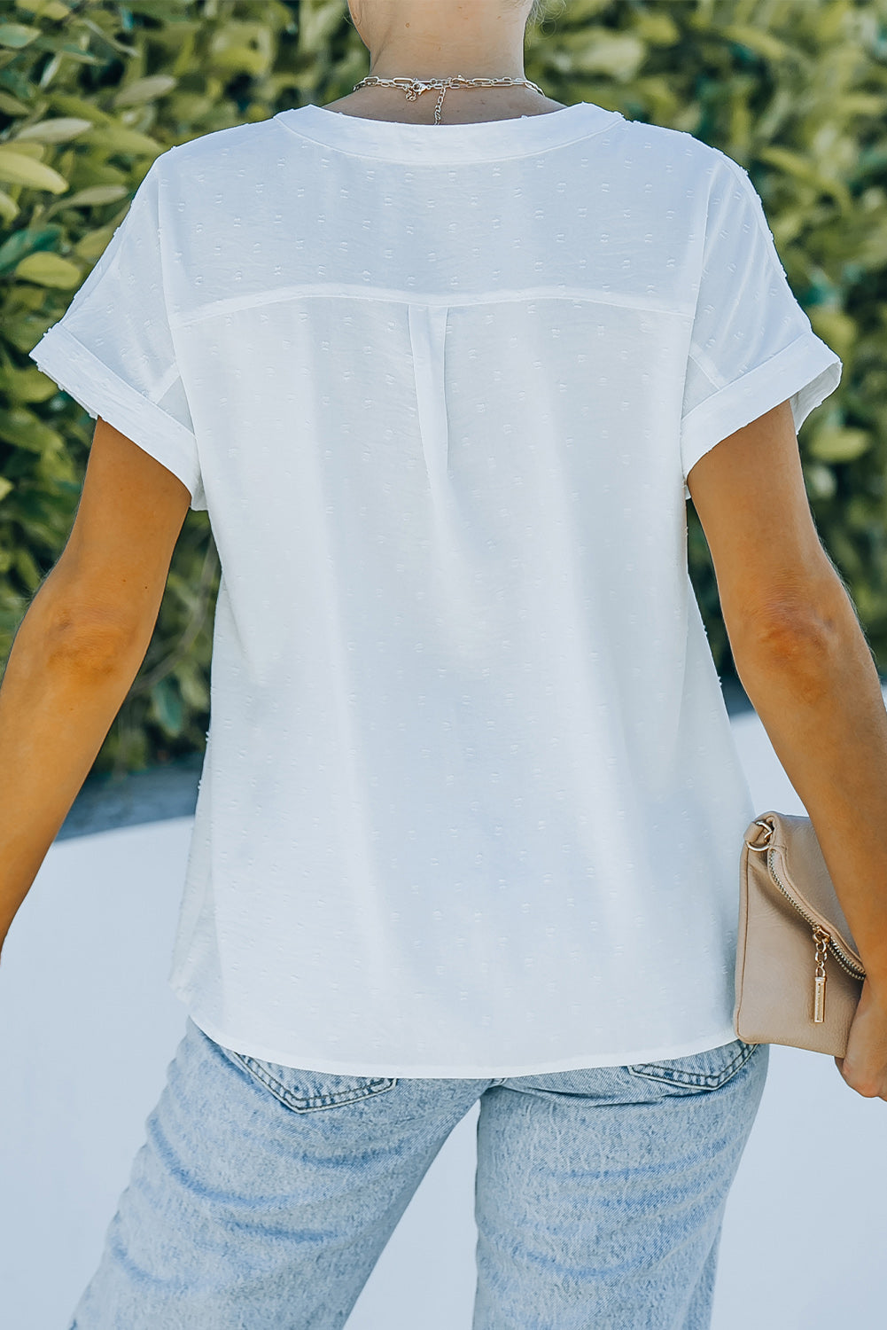 White Swiss Dot Lace Splicing Buttoned Short Sleeve Shirt
