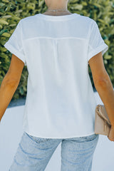 White Swiss Dot Lace Splicing Buttoned Short Sleeve Shirt