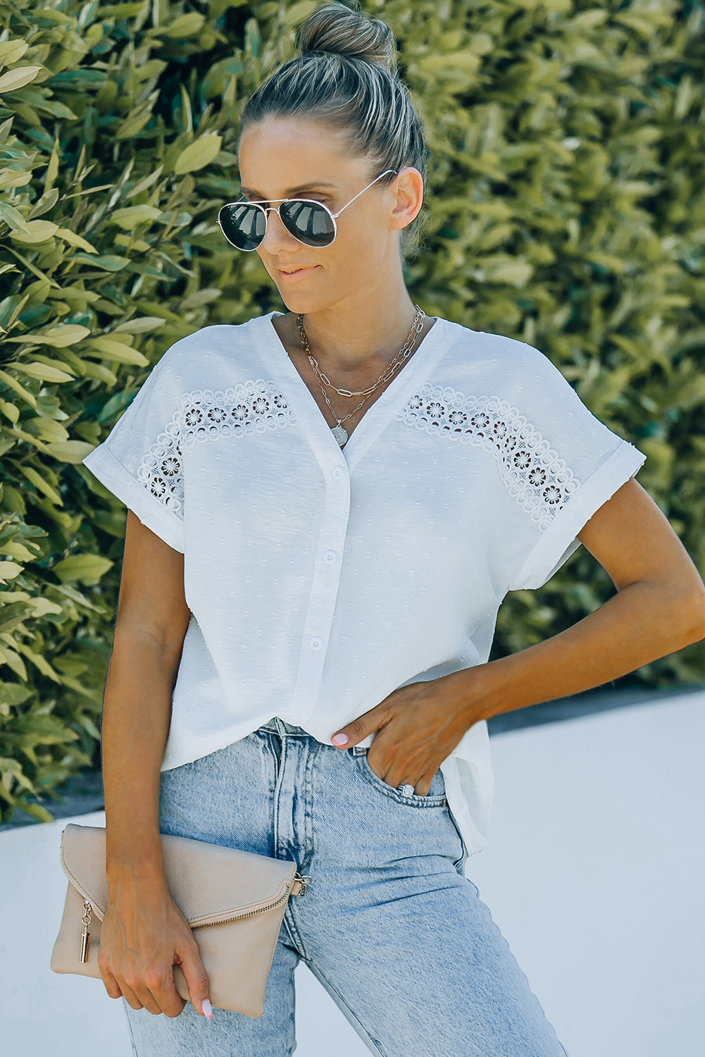 White Swiss Dot Lace Splicing Buttoned Short Sleeve Shirt