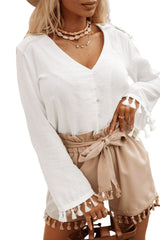 White V Neck Buttoned Tassel Bell Sleeve Shirt