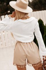 White V Neck Buttoned Tassel Bell Sleeve Shirt