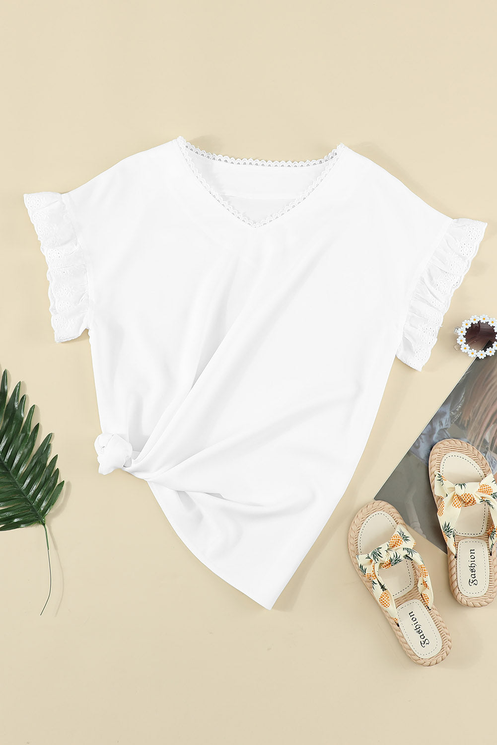 White V Neck Ruffle Short Sleeve T-Shirt