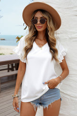 White V Neck Ruffle Short Sleeve T-Shirt