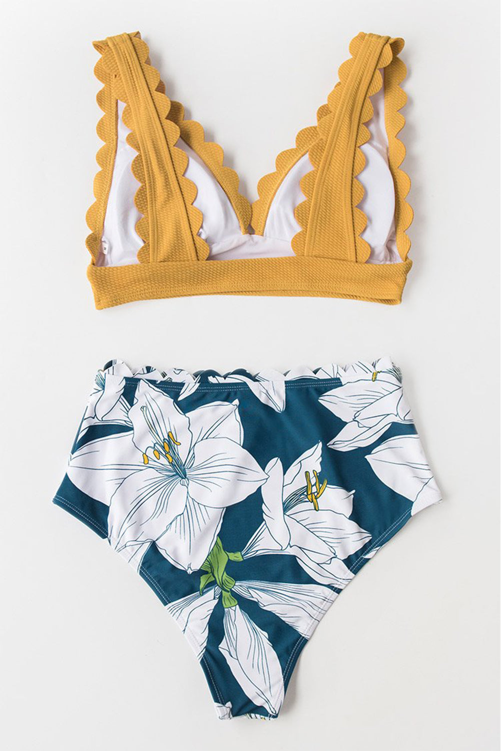 Yellow Solid V-Neck Scalloped Floral Bikini