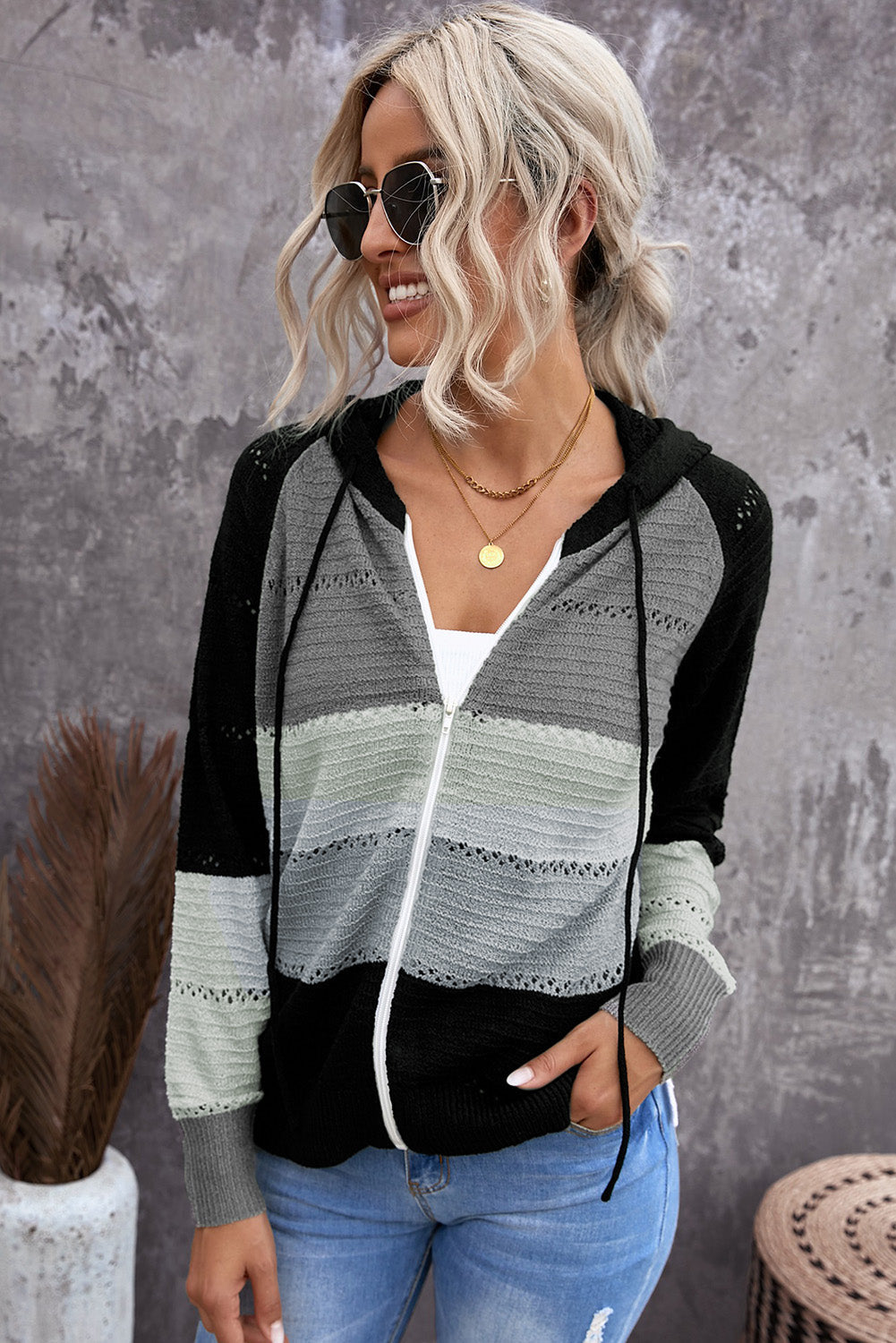 Zipped Front Colorblock Hollow-Out Knit Hoodie