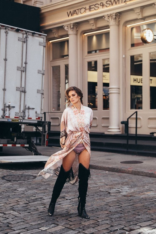 Floral Crane Print Kimono With Belt