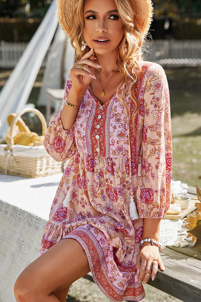 Bohemian Tassel Tie Tiered Dress