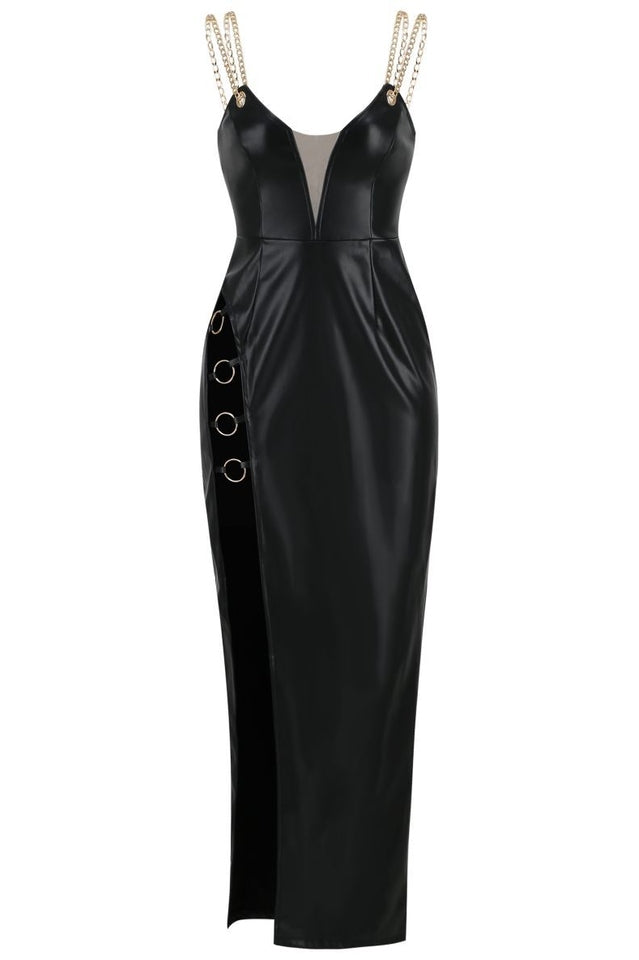 PU Metal Chain Strappy Slits Maxi Dress