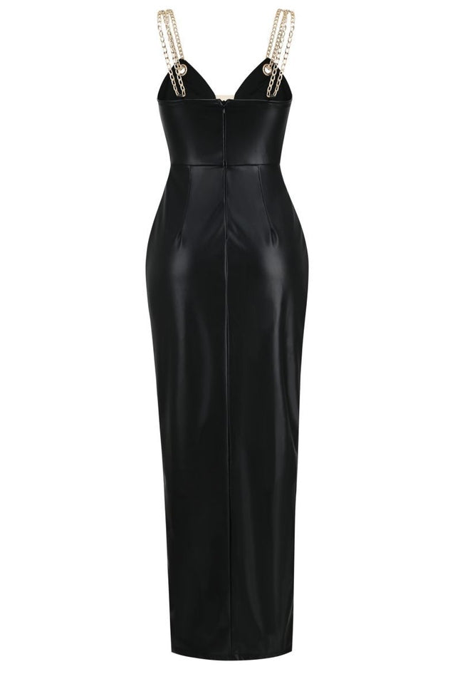 PU Metal Chain Strappy Slits Maxi Dress