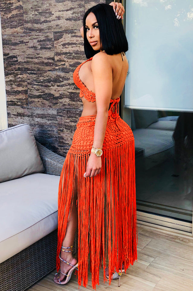Crochet Bralette + Tassel Maxi Skirt Set