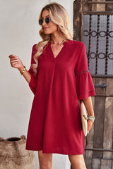 Notched Neck Flare Sleeve Pocket Dress