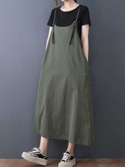 Plain Green Black Hemp Material Salopette Dress