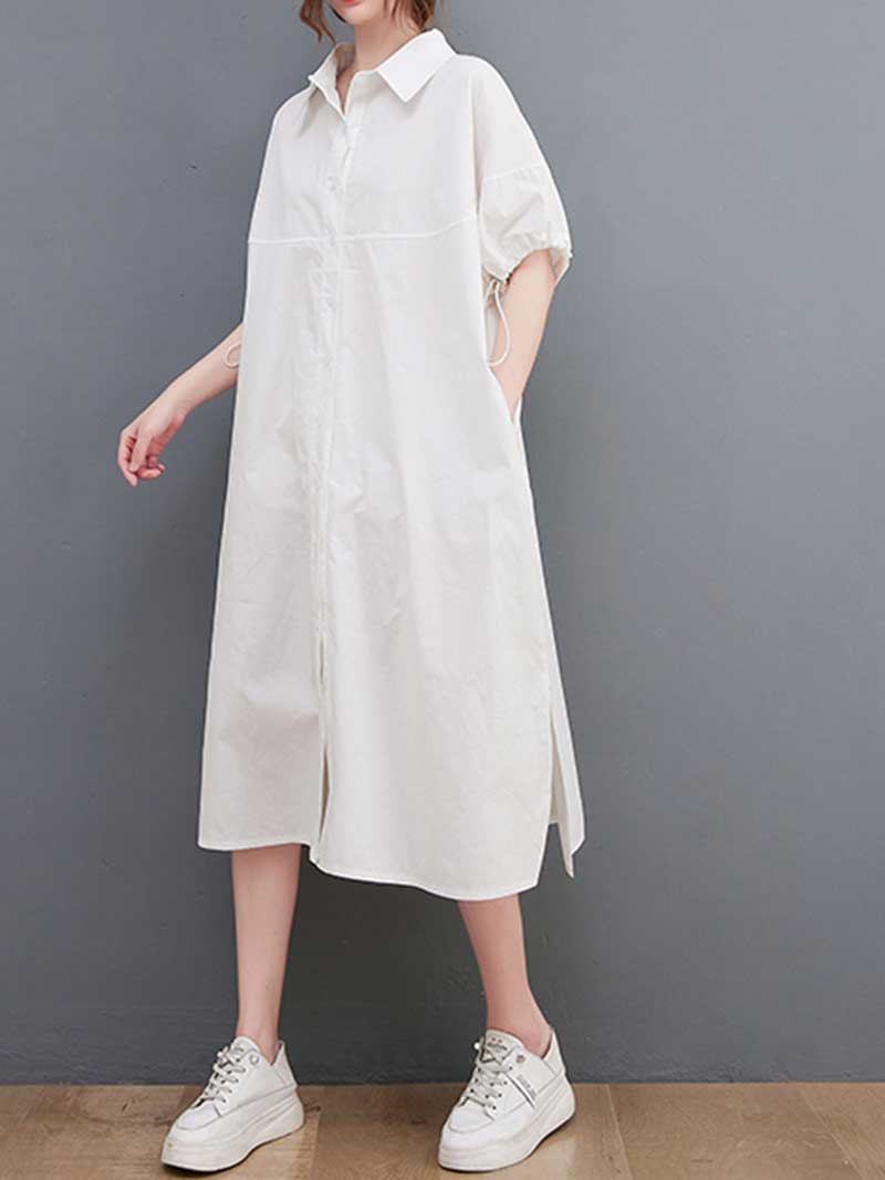 Plan Collar-Neck Cotton Shirt Dress