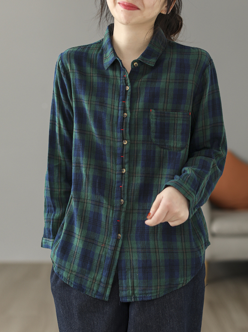 Cardigan Loose Cotton Lining Check Pattern Shirt