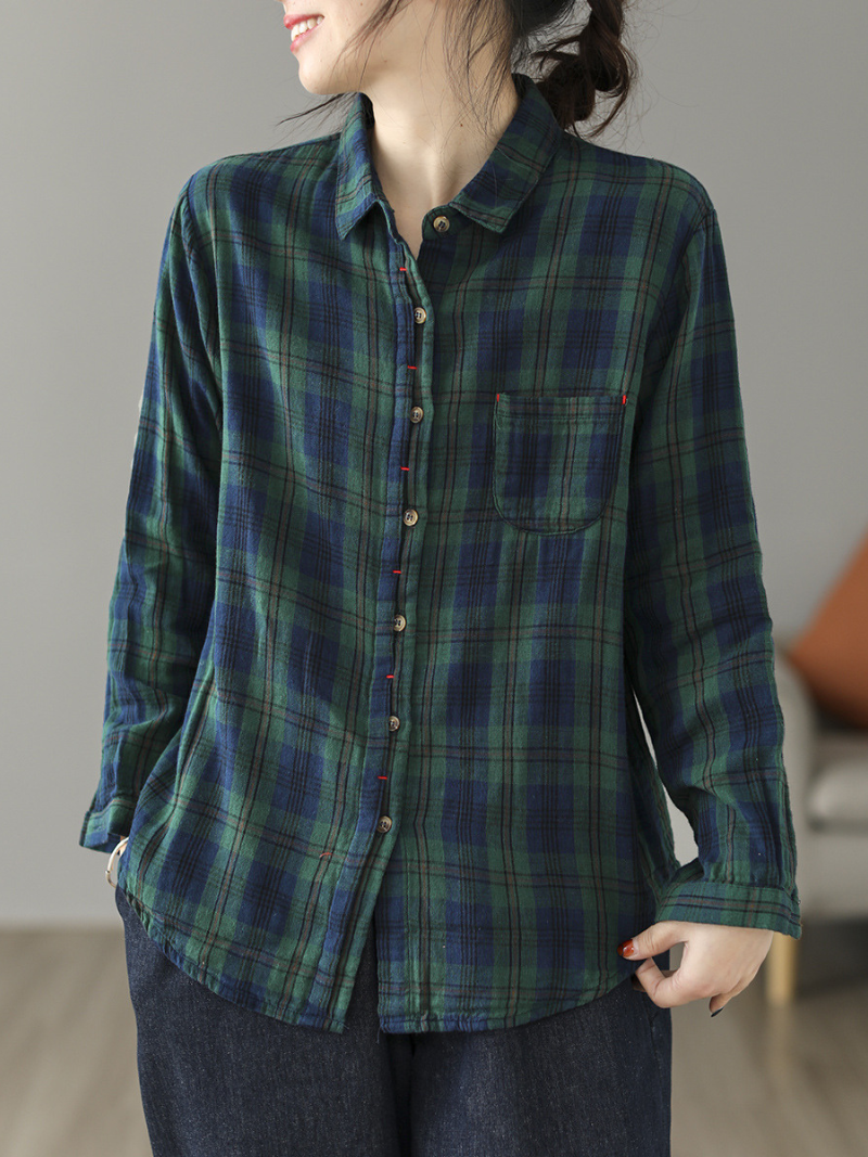 Cardigan Loose Cotton Lining Check Pattern Shirt